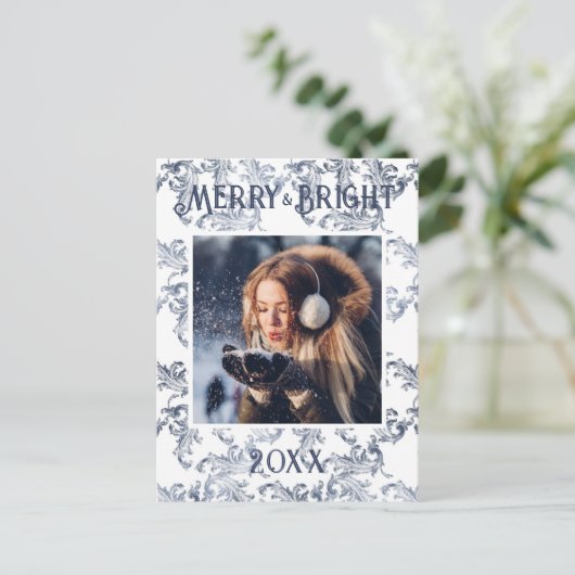 Merry & Bright Foto Blue Vintag Holiday Postkarte (Stehend Vorderseite)