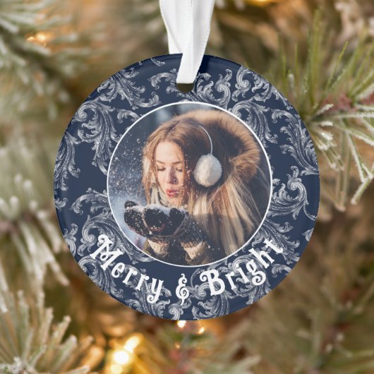 Merry & Bright Foto Personalisiert Blue Vintag Ornament (Baum)