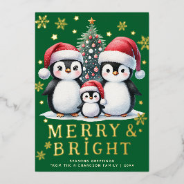 Merry Bright Fun Pinguine Green Red Gold Weihnacht Folien Feiertagskarte