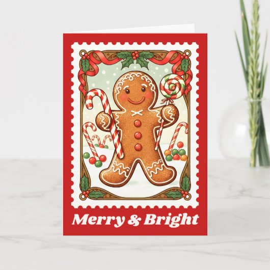 Merry & Bright Gingerbrot Weihnachtspost Briefmark Feiertagskarte (Vorderseite)