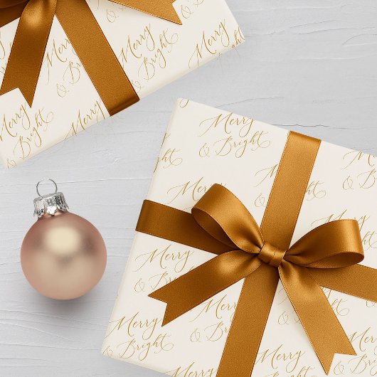 Merry & Bright Gold Script Christmas Geschenkpapier