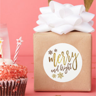 Merry & Bright, Gold White, Runder Aufkleber