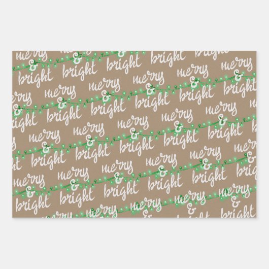 Merry & Bright Green Christmas Tree Lights Kraft Geschenkpapier Set (Vorderseite 3)