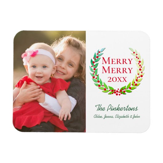 Merry & Bright Green Laurel Wreath Foto Holiday Magnet (Horizontal)