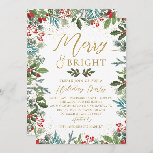 Merry & Bright Greenery Holly Berries Holiday Einladung (Vorne/Hinten)