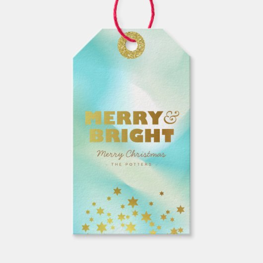 Merry & Bright | Grüne Pastel und Gold Geschenkanhänger (Vorderseite)