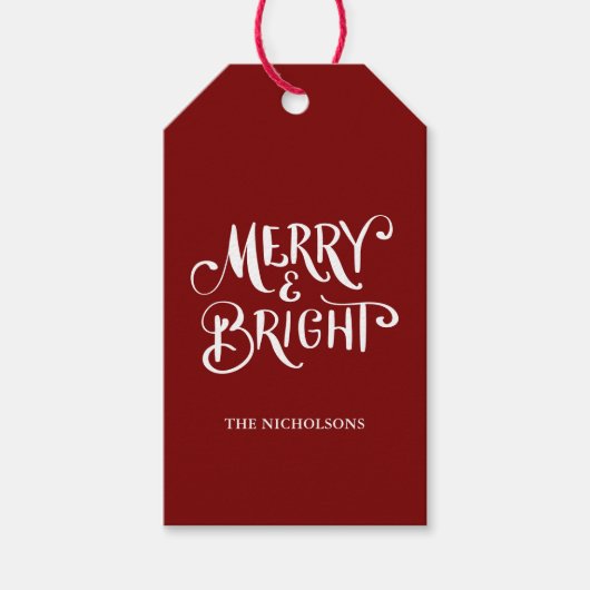 Merry & Bright Handgeschriebenes Skript rot Geschenkanhänger (Vorderseite)