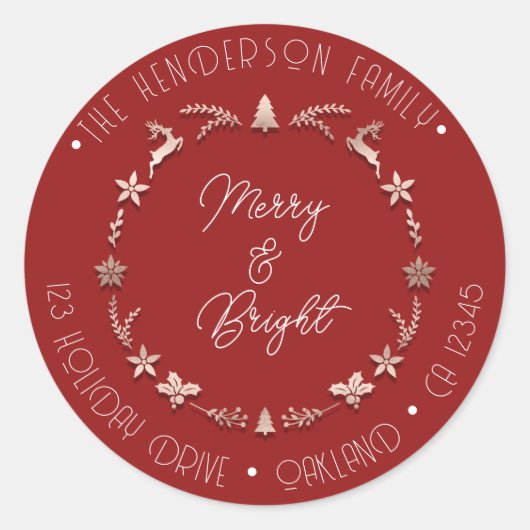 Merry Bright Holiday Address Wreath Deer Rose Red Runder Aufkleber (Vorderseite)