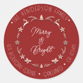 Merry Bright Holiday Address Wreath Deer Rose Red Runder Aufkleber