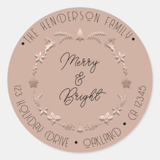 Merry Bright Holiday Address Wreath Deer Rose Runder Aufkleber (Vorderseite)