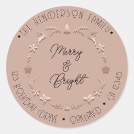 Merry Bright Holiday Address Wreath Deer Rose Runder Aufkleber