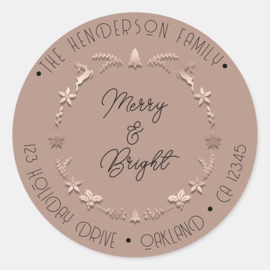 Merry Bright Holiday Address Wreath Deer RoseSkin Runder Aufkleber (Vorderseite)