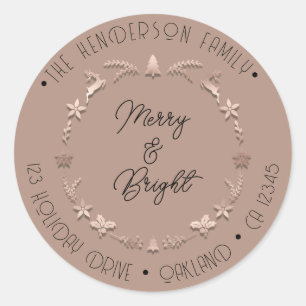 Merry Bright Holiday Address Wreath Deer RoseSkin Runder Aufkleber