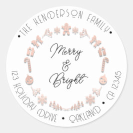 Merry Bright Holiday Adresse Wreath Deer Pink Rose Runder Aufkleber