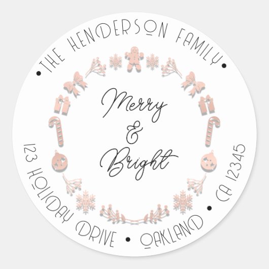 Merry Bright Holiday Adresse Wreath Deer Pink Rose Runder Aufkleber (Vorderseite)
