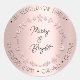 Merry Bright Holiday Adresse Wreath Deer Pink Rose Runder Aufkleber