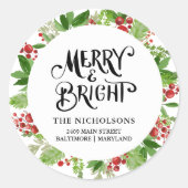 Merry & Bright Holiday Wreath Script Runder Aufkleber (Vorderseite)