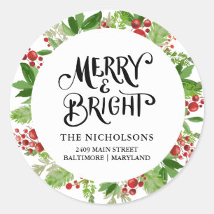 Merry & Bright Holiday Wreath Script Runder Aufkleber