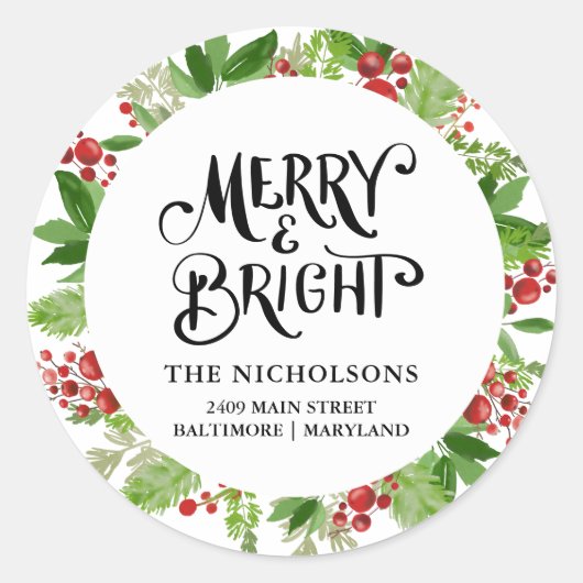 Merry & Bright Holiday Wreath Script Runder Aufkleber (Vorderseite)