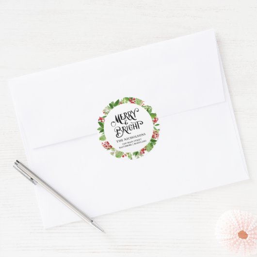 Merry & Bright Holiday Wreath Script Runder Aufkleber (Umschlag)