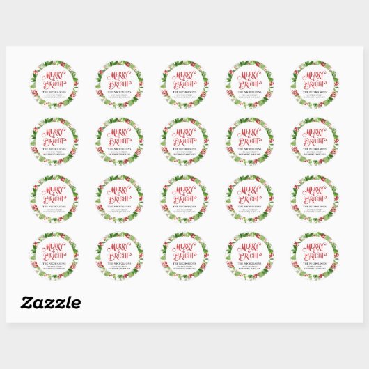 Merry & Bright Holiday Wreath Script Runder Aufkleber (Blatt)