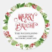 Merry & Bright Holiday Wreath Script Runder Aufkleber (Vorderseite)