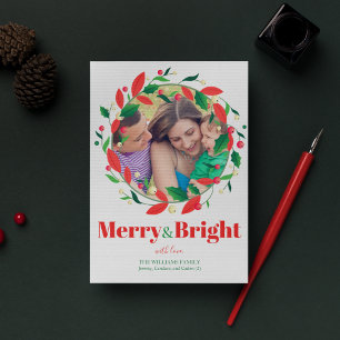 Merry & Bright Holly Wreath Niedlich Family Foto Feiertagskarte