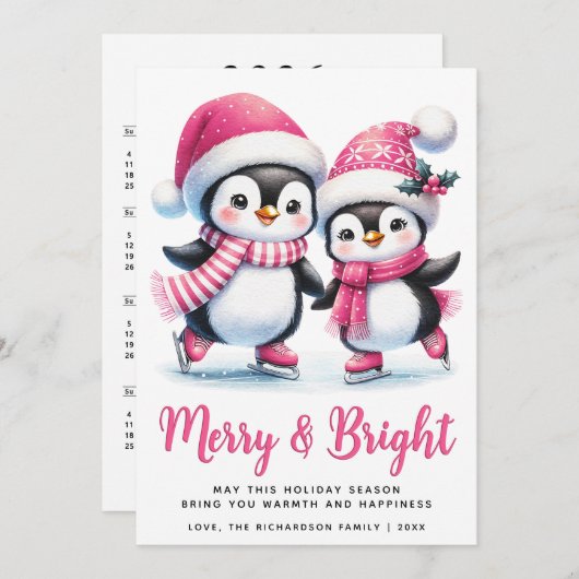 Merry Bright Ice Skaten Penguins Pink Weihnachten (Vorne/Hinten)