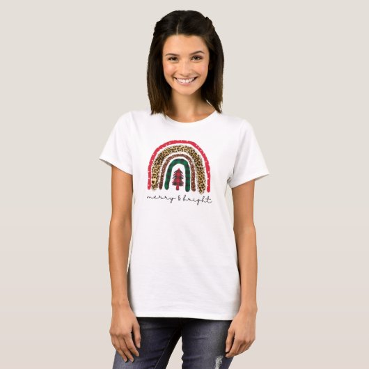 Merry & Bright Leopard Print Rainbow Weihnachten T-Shirt (Vorne ganz)