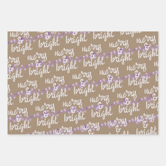 Merry & Bright Lila Weihnachtsbaum Lights Kraft Geschenkpapier Set (Vorderseite 3)