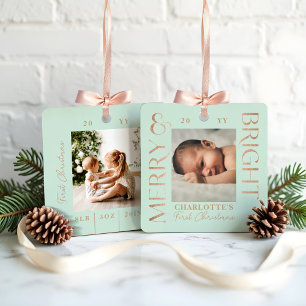 Merry & Bright Mint Baby First Christmas Fotos Ornament Aus Metall