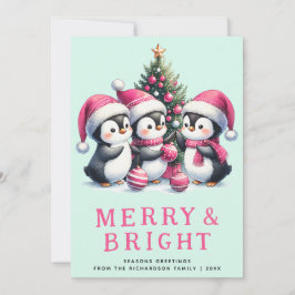 Merry & Bright Mint und Pink Christmas Penguin Feiertagskarte