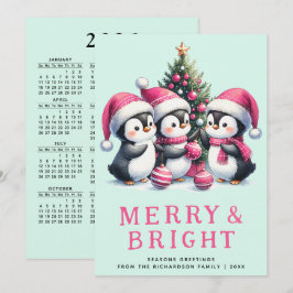 Merry & Bright Mint und Pink Christmas Penguin Feiertagskarte