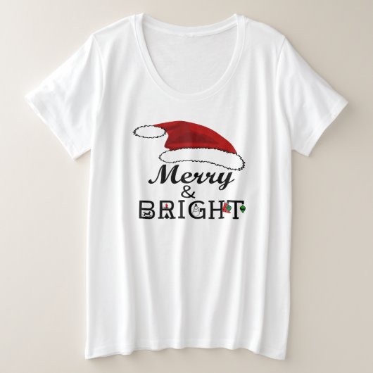 Merry & Bright mit Weihnachtsmannmütze Christmas,  Große Größe T-Shirt (Design vorne)