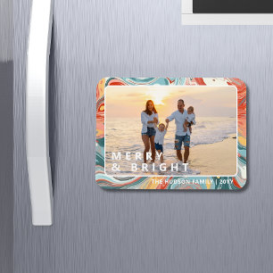 Merry & Bright Modern Liquid Marble Foto Holiday Magnet