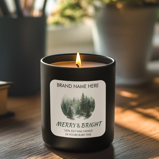 Merry & Bright Modern Pine Trees Candle Label Quadratischer Aufkleber