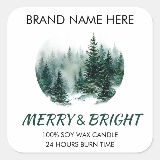 Merry & Bright Modern Pine Trees Candle Label Quadratischer Aufkleber (Vorderseite)