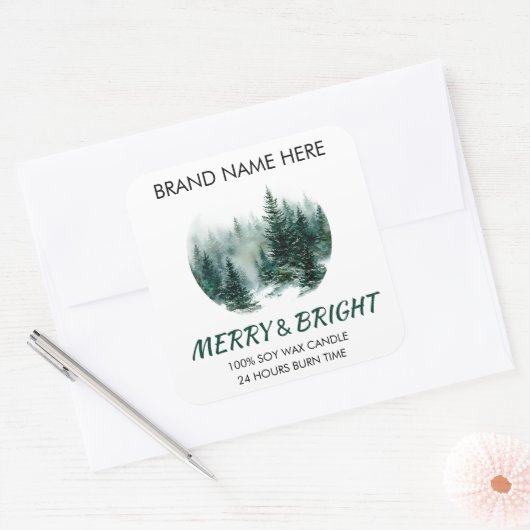 Merry & Bright Modern Pine Trees Candle Label Quadratischer Aufkleber (Umschlag)