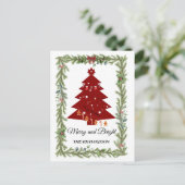 Merry & Bright Modern Red Christmas Tree & Script  Postkarte (Stehend Vorderseite)