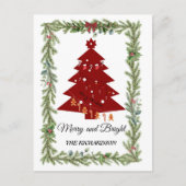 Merry & Bright Modern Red Christmas Tree & Script Postkarte (Vorderseite)
