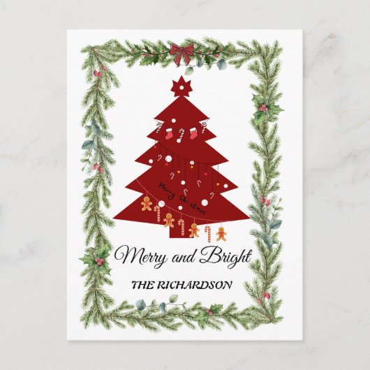 Merry & Bright Modern Red Christmas Tree & Script  Postkarte (Vorderseite)