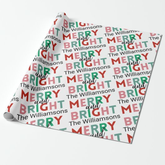Merry & Bright Modern Simple Name Repetier Muster Geschenkpapier (Ungerollt)