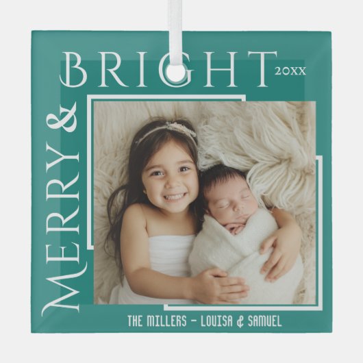 Merry & Bright moderne, fette Schrift 1 Foto Weihn Ornament Aus Glas (Vorderseite)