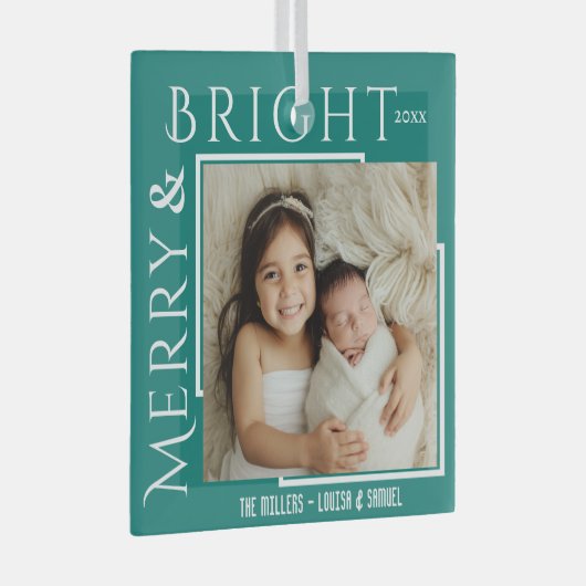 Merry & Bright moderne, fette Schrift 1 Foto Weihn Ornament Aus Glas (Vorderseite Rechts)