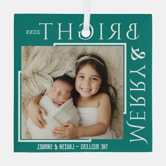 Merry & Bright moderne, fette Schrift 1 Foto Weihn Ornament Aus Glas (Rückseite)