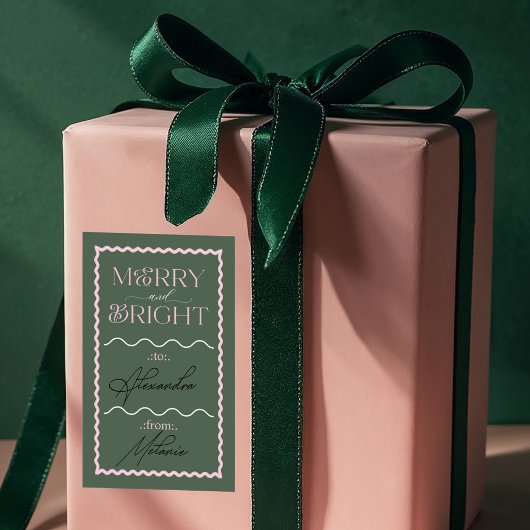 Merry & Bright moderne grüne Retro Wavy bis und vo Rechteckiger Aufkleber