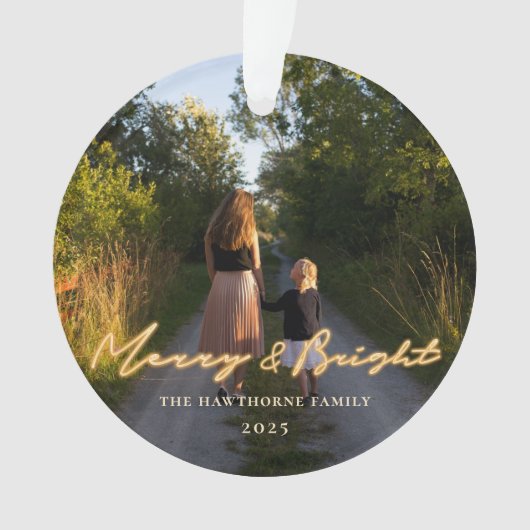 Merry & Bright Neon Lettering Foto Holiday Ornament (Vorderseite)