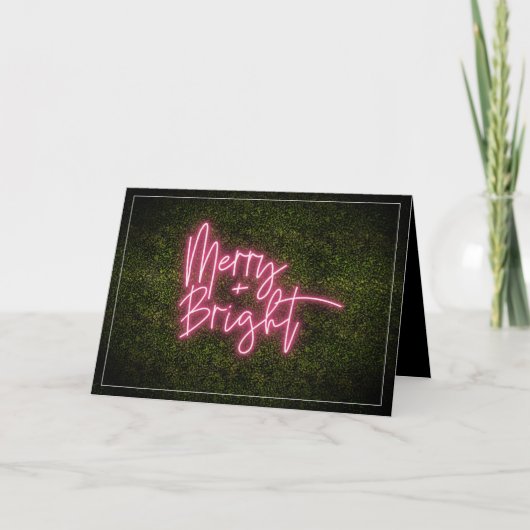 Merry + Bright Neon Sign Boxwood Weihnachten Karte (Vorderseite)