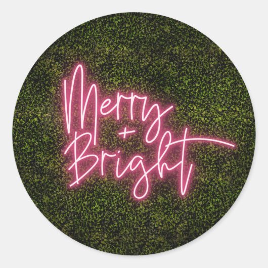 Merry + Bright Neon Sign Boxwood Weihnachten Runder Aufkleber (Vorderseite)