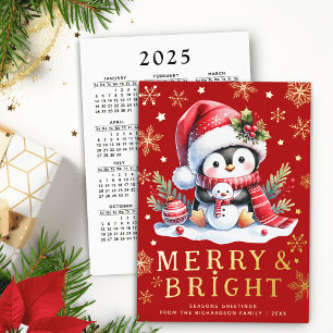 Merry Bright Niedlich Pinguin Red and Gold Christm Folien Feiertagskarte